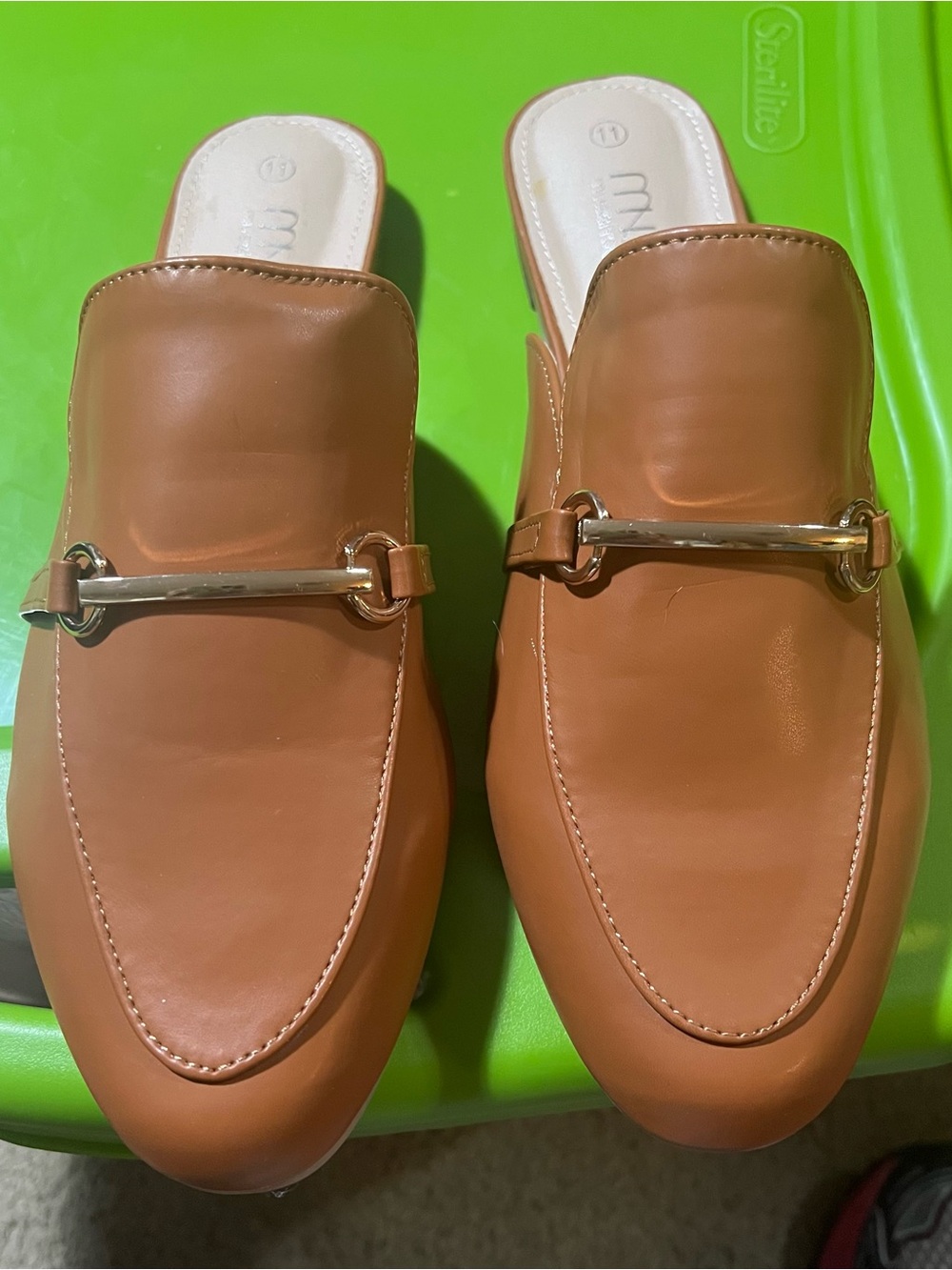 Classic Tan Leather Mules with Gold Metal Buckles